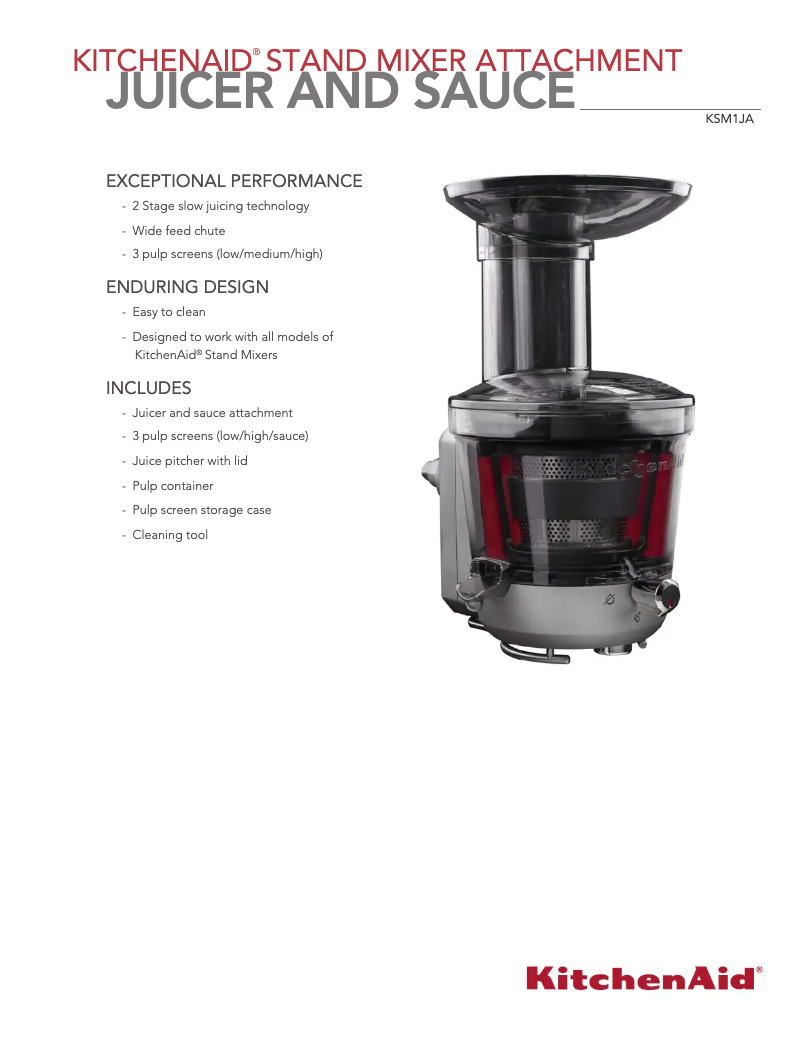 Page 1 de la notice Fiche technique KitchenAid KSM1JA