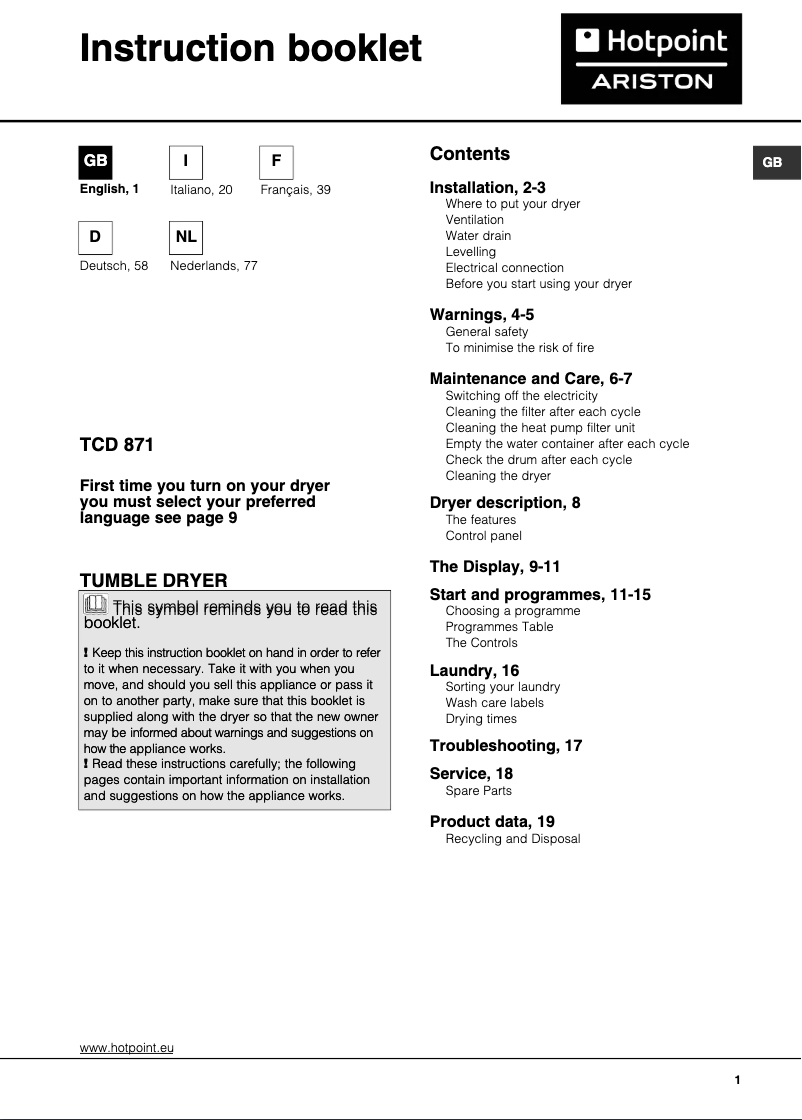Page 1 de la notice Manuel utilisateur Hotpoint Ariston TCD 871