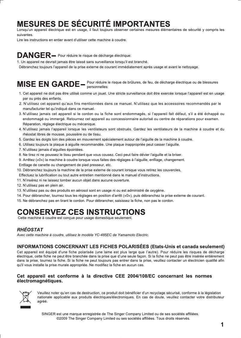 Page 1 de la notice Manuel utilisateur Singer Confidence 7470