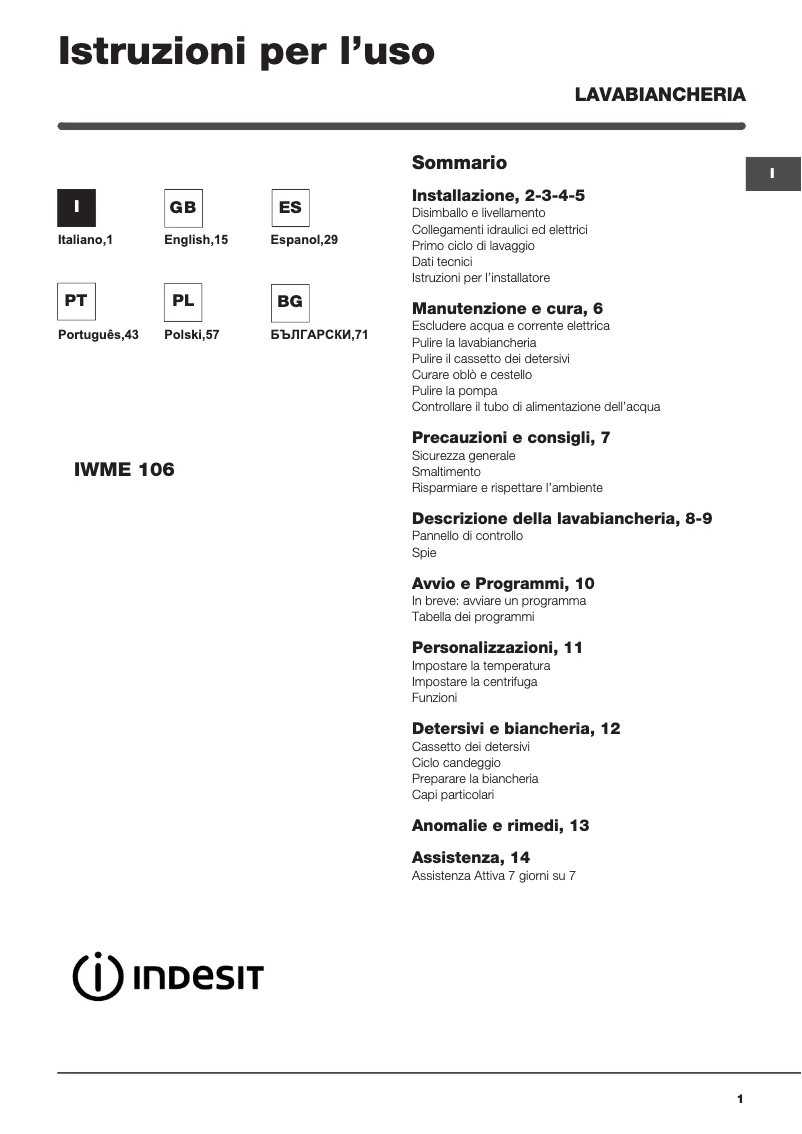 Page 1 de la notice Manuel utilisateur Indesit IWME 106