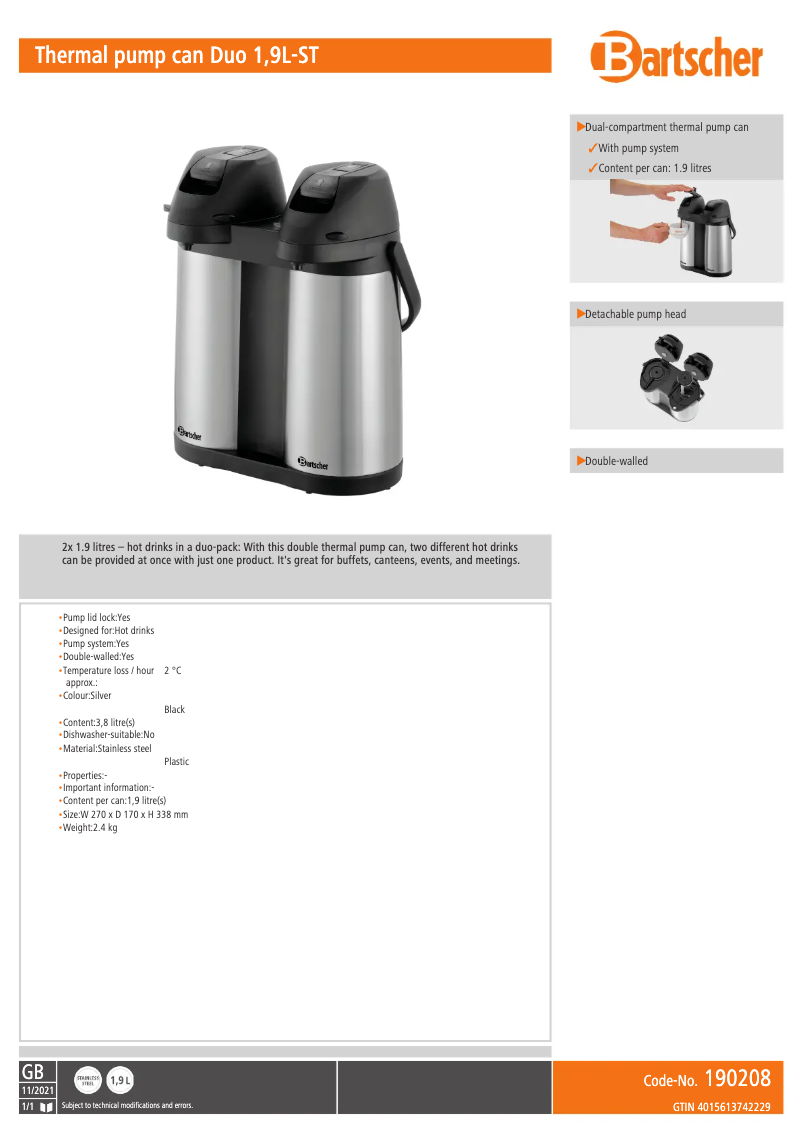 Page n°1 - Fiche technique Bartscher 190208