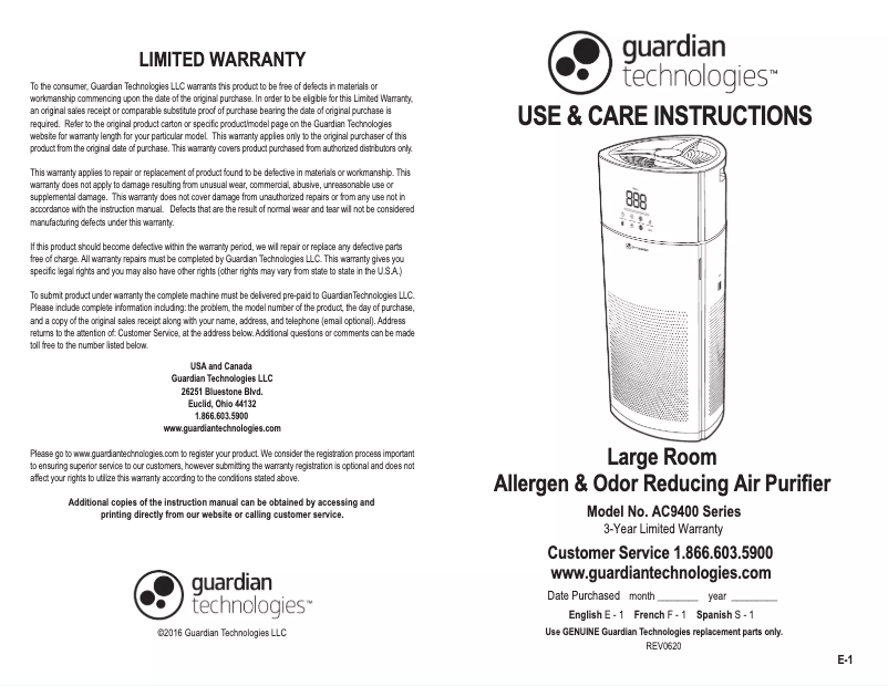Page 1 de la notice Manuel utilisateur Guardian AC9400