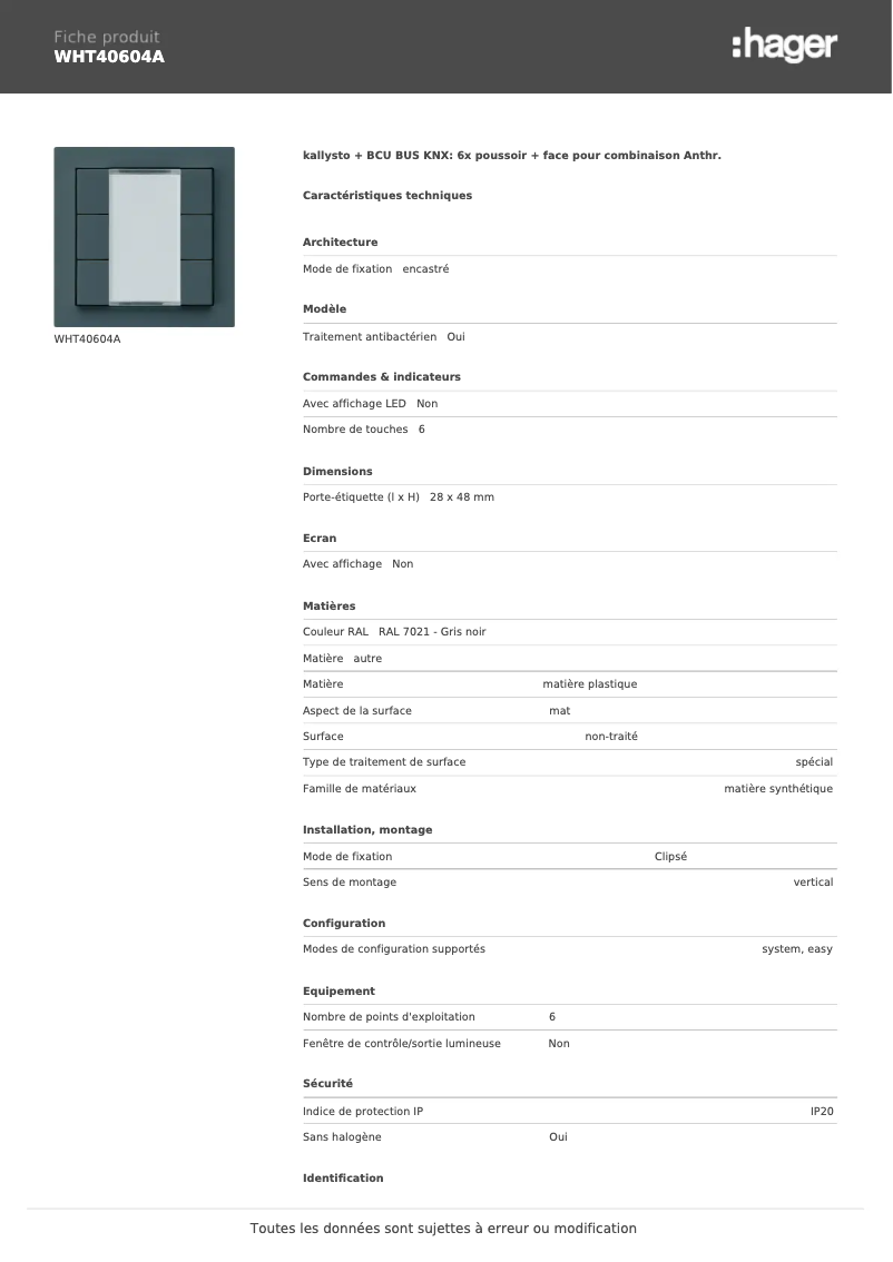 Page 1 de la notice Fiche technique Hager WHT40604A