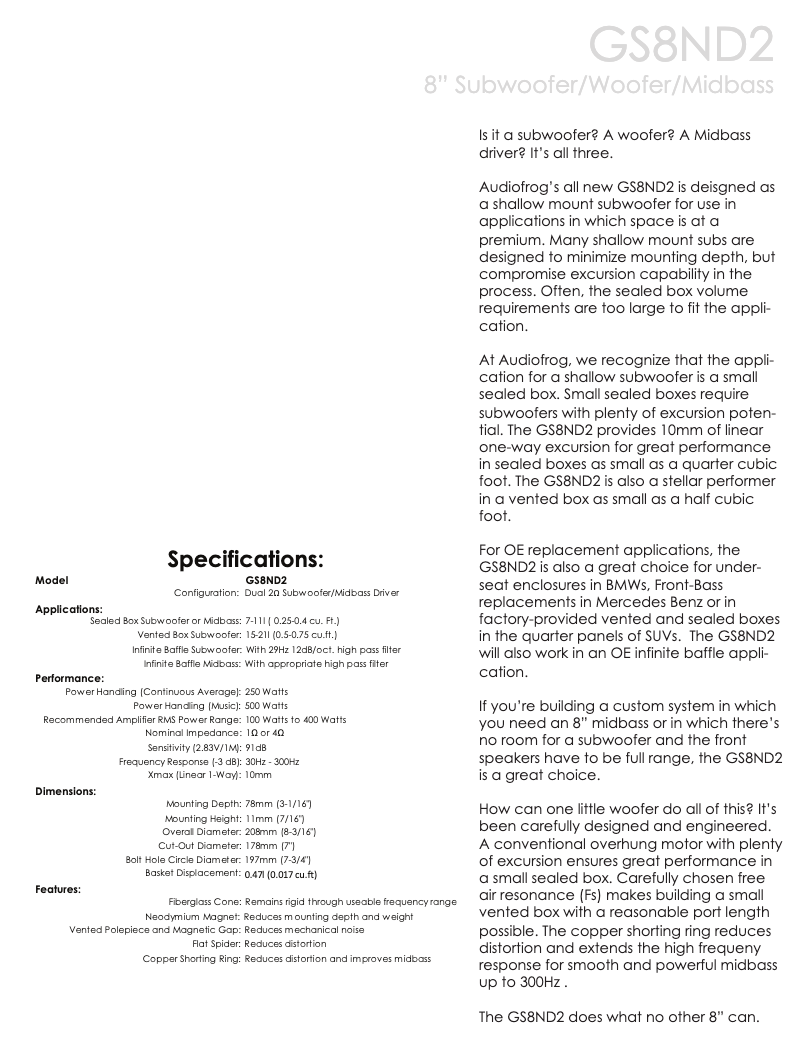 Page 1 de la notice Fiche technique Audiofrog GS8ND2
