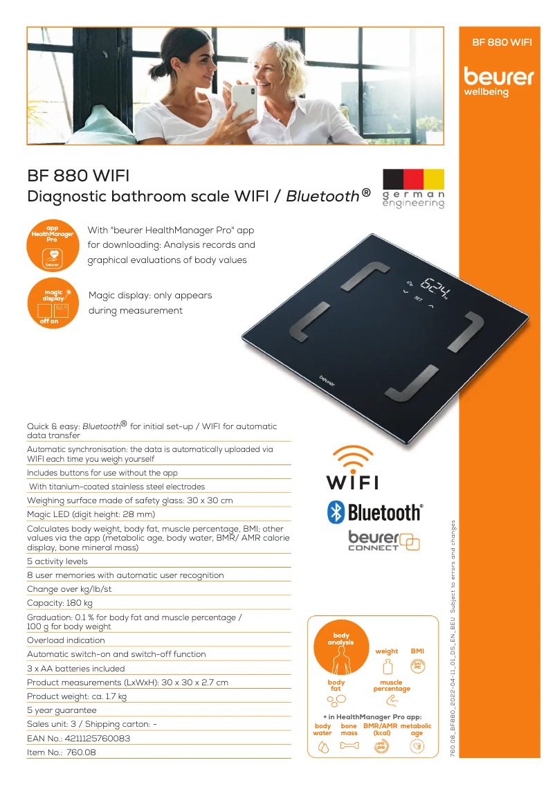 Page 1 de la notice Fiche technique Beurer BF 880