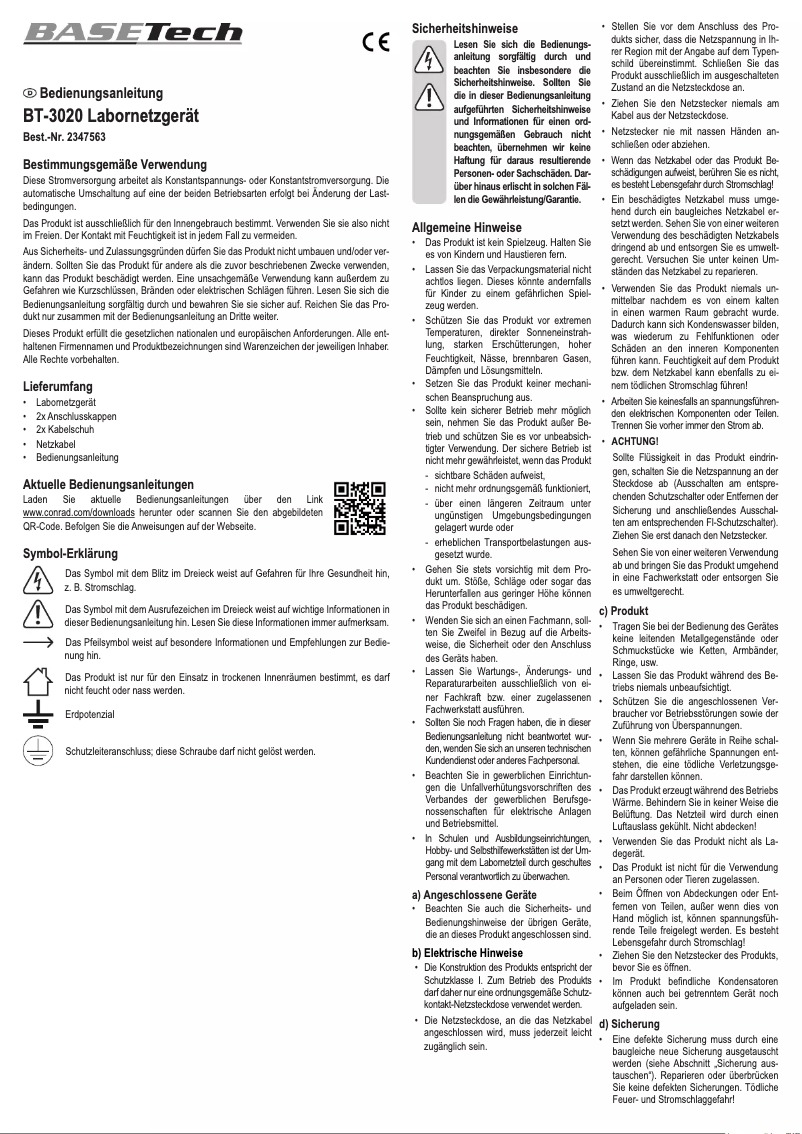 Page n°1 - Manuel utilisateur BaseTech BT-3020