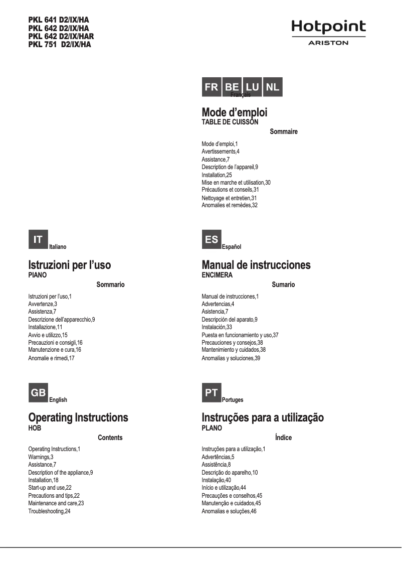 Page 1 de la notice Manuel utilisateur Hotpoint Ariston PKL 751 D2/IX/HA