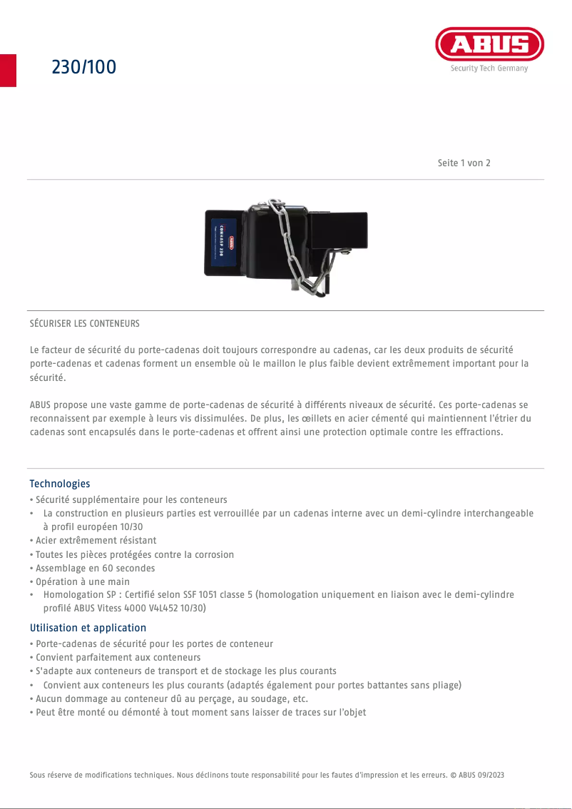 Page 1 de la notice Fiche technique Abus ConHasp 230