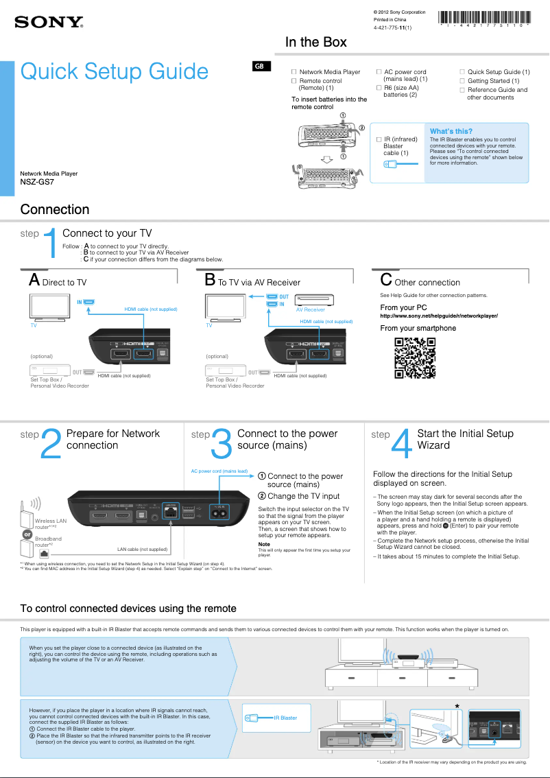 Page 1 de la notice Guide d'installation Sony NSZ-GS7