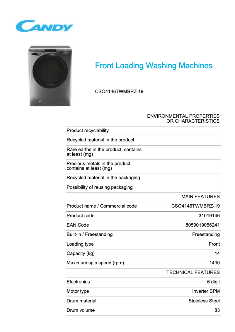 Page 1 de la notice Fiche technique Candy CSO4146TWMBRZ-19