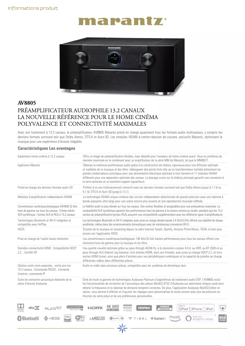 Page 1 de la notice Fiche technique Marantz AV8805