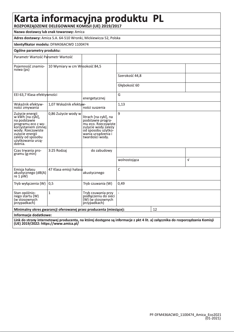 Page n°1 - Manuel utilisateur Amica DFM436ACWD
