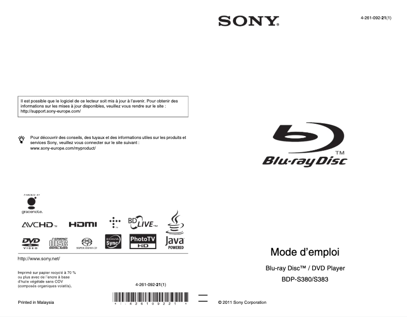 Page 1 de la notice Manuel utilisateur Sony BDP-S383