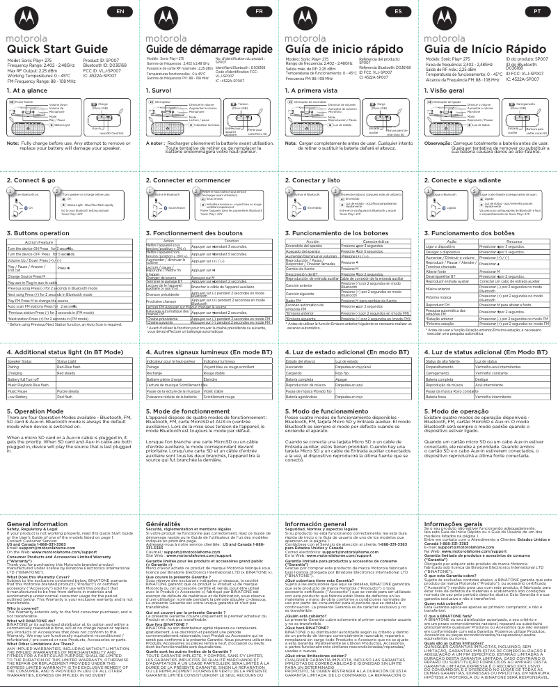 Page 1 de la notice Manuel utilisateur Motorola Sonic Play+ 275