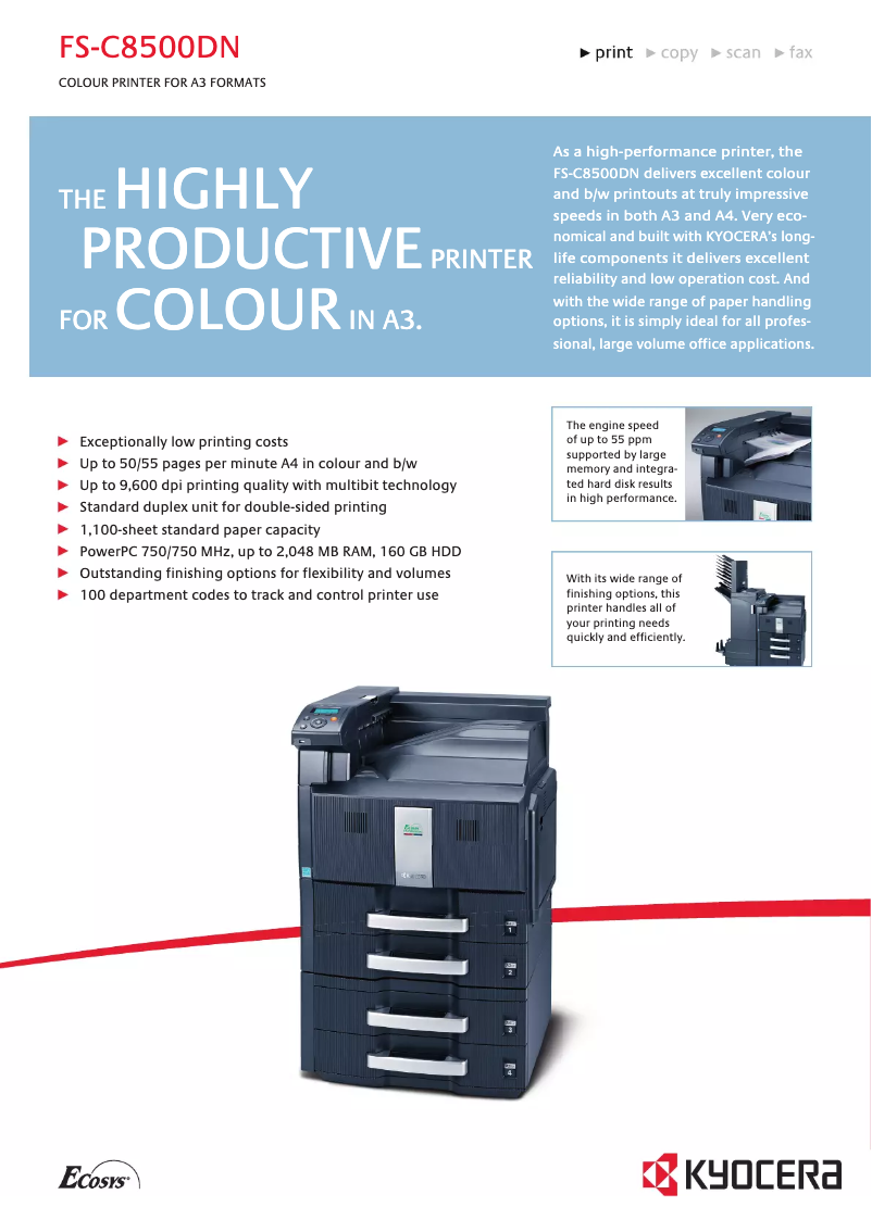 Page 1 de la notice Fiche technique Kyocera FS-C8500DN