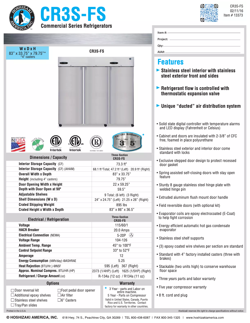 Page n°1 - Fiche technique Hoshizaki Steelheart CR3S-FS