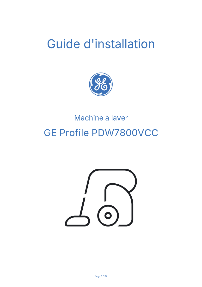 Page n°1 - Guide d'installation GE Profile PDW7800VCC