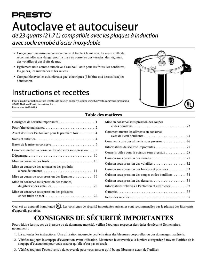 Page 1 de la notice Manuel utilisateur Presto 01784