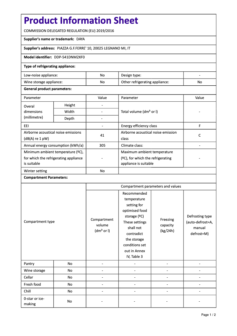 Page 1 de la notice Manuel utilisateur DAYA DDP-541DNM2XF0