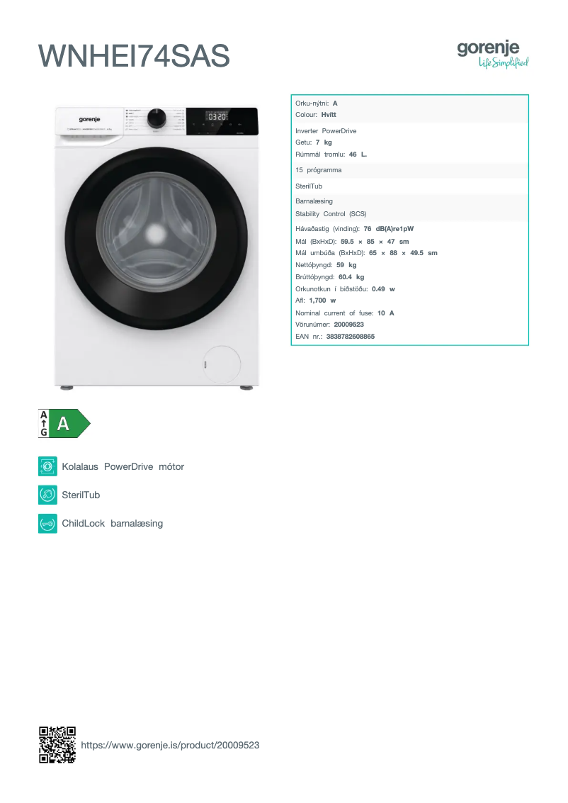 Page n°1 - Fiche technique Gorenje WNHEI74SAS