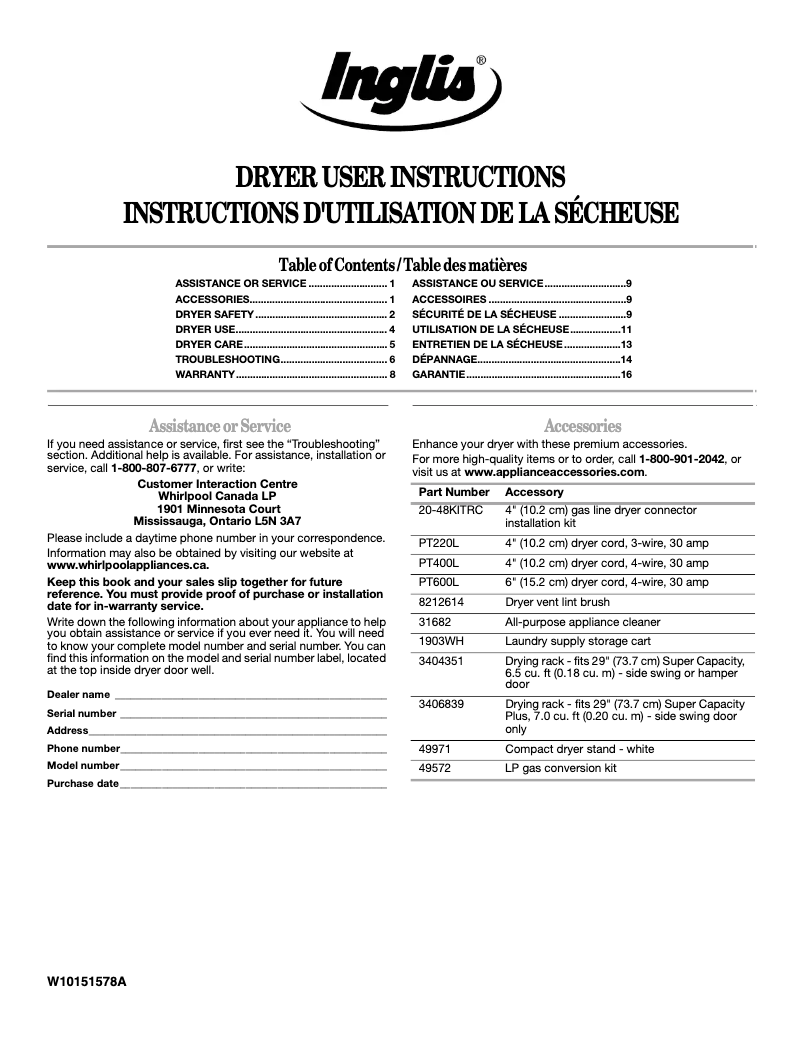 Page n°1 - Manuel utilisateur Inglis IV8600