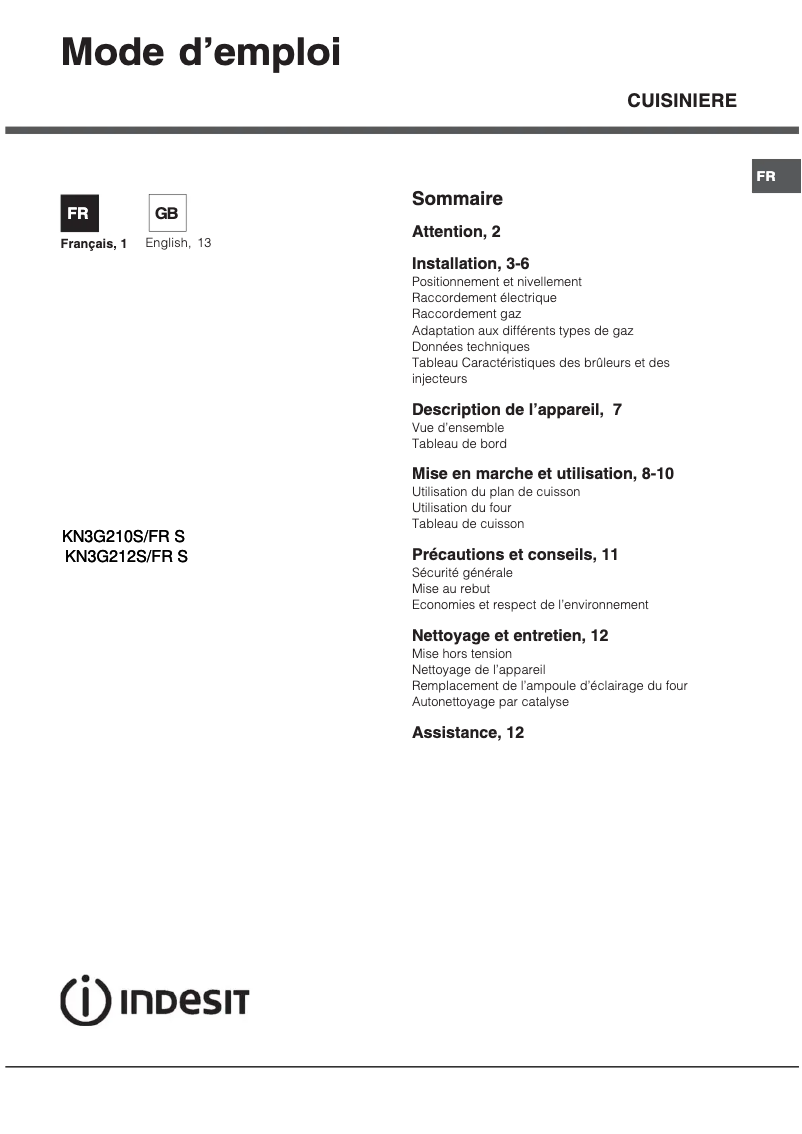 Page 1 de la notice Manuel utilisateur Indesit KN3G210S(W)/FR S