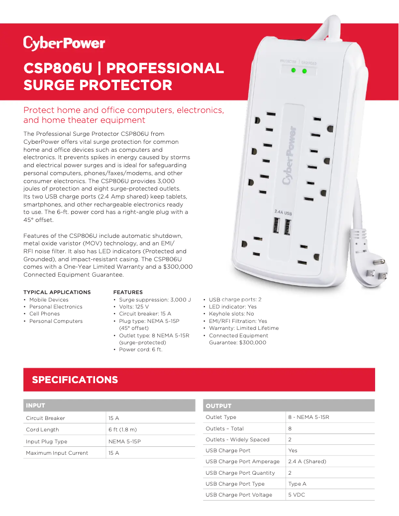 Page 1 de la notice Fiche technique CyberPower CSP806U