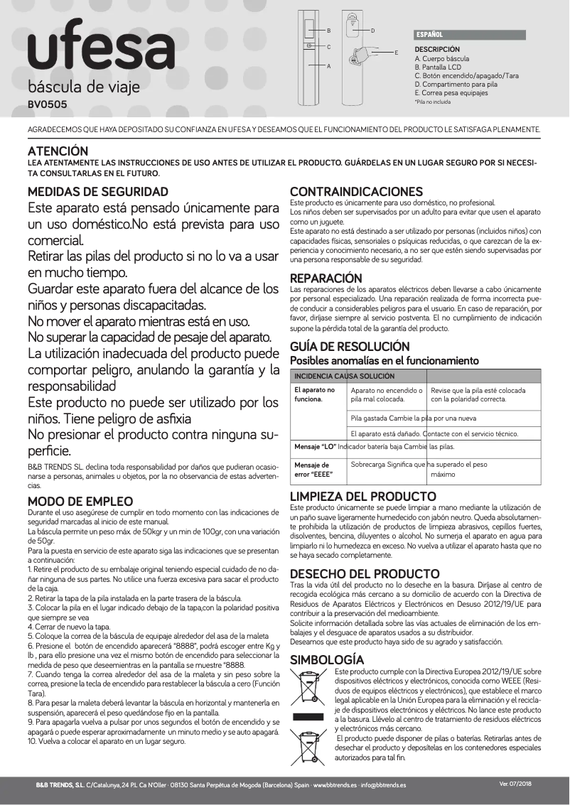 Page n°1 - Manuel utilisateur Ufesa BV0505