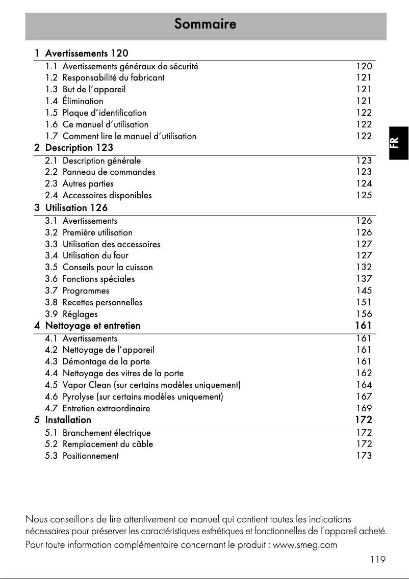 Page 1 de la notice Manuel utilisateur Smeg SFP130NE