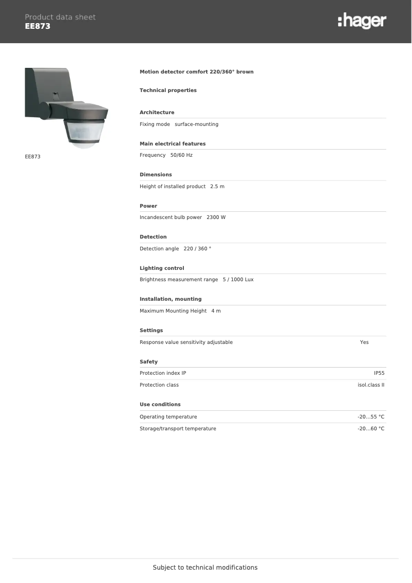 Page 1 de la notice Fiche technique Hager EE873