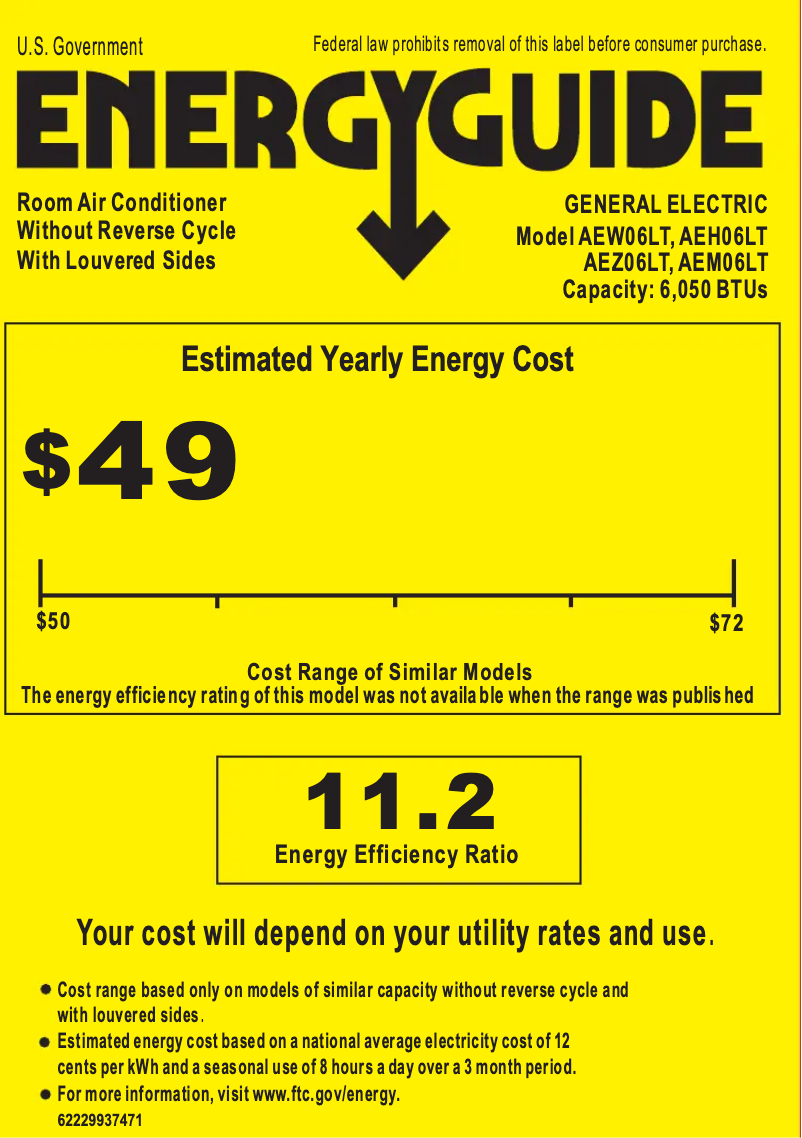 Page 1 de la notice Label énergétique GE AEW06LT