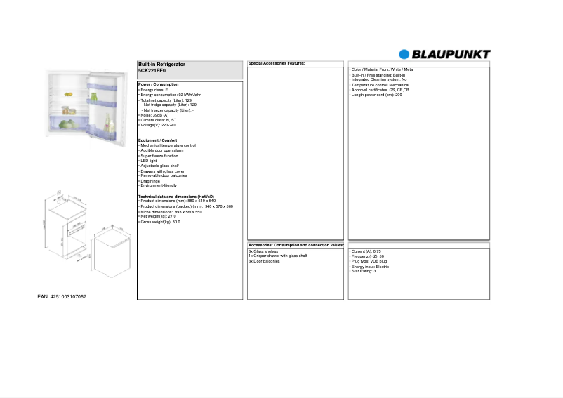 Page n°1 - Fiche technique Blaupunkt 5CK221FE0