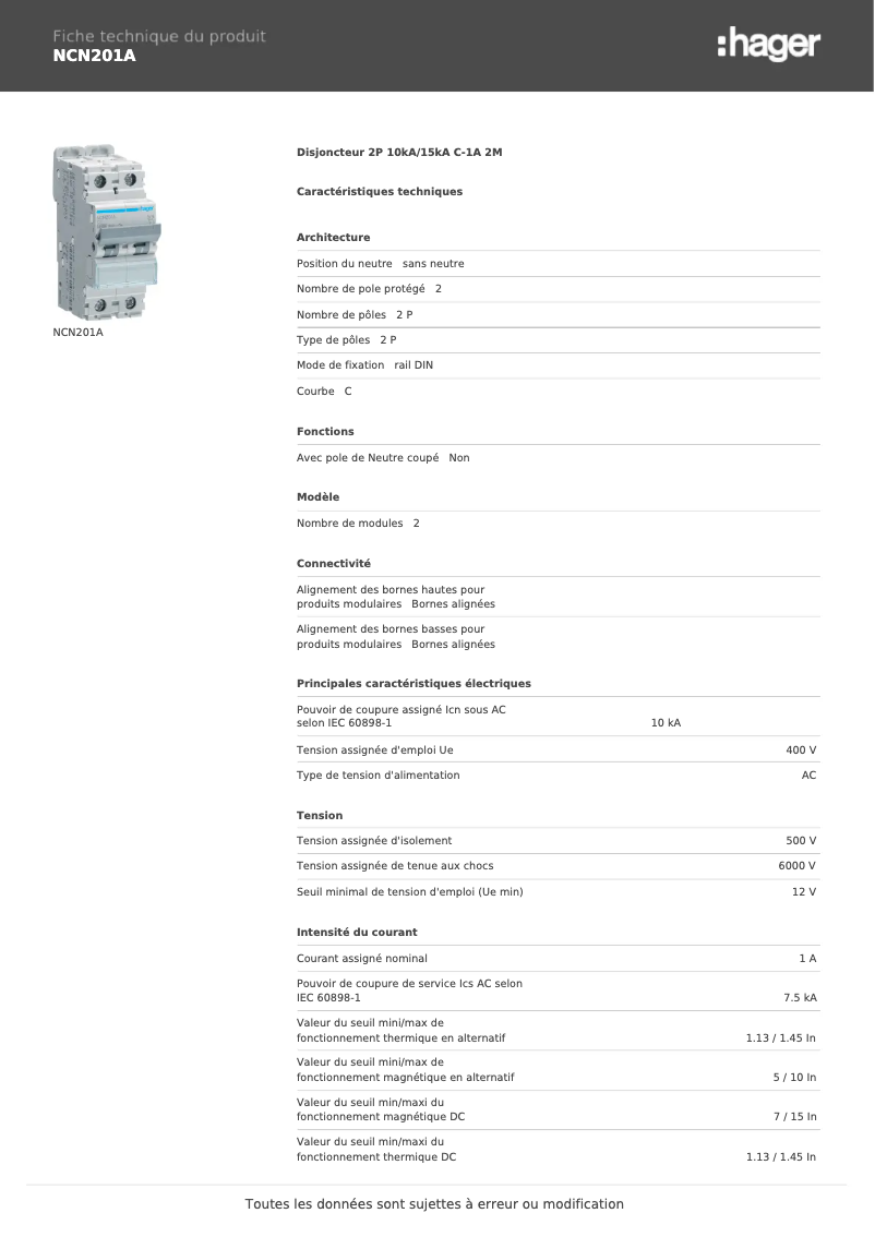 Page 1 de la notice Manuel utilisateur Hager NCN201A