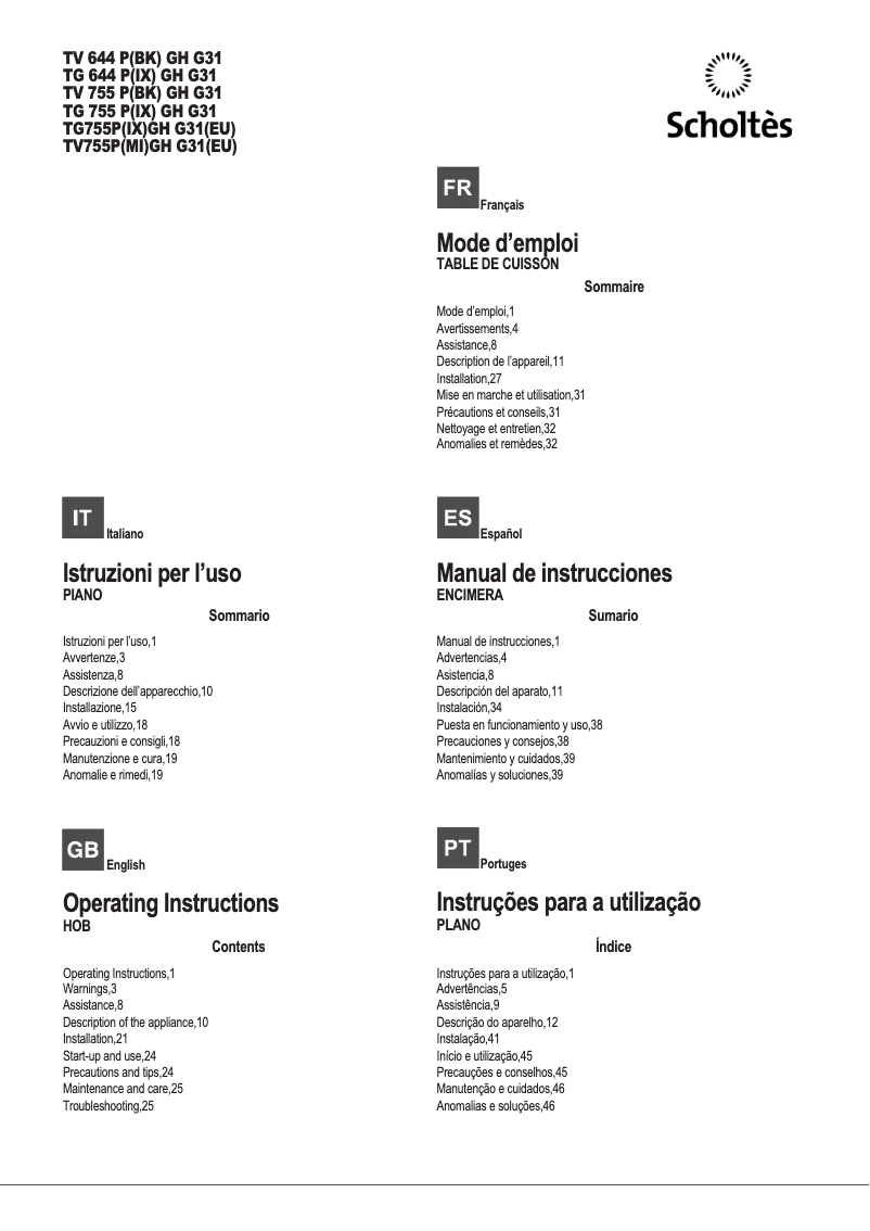 Page n°1 - Manuel utilisateur Scholtès TG755P(IX)GH G31(EU)