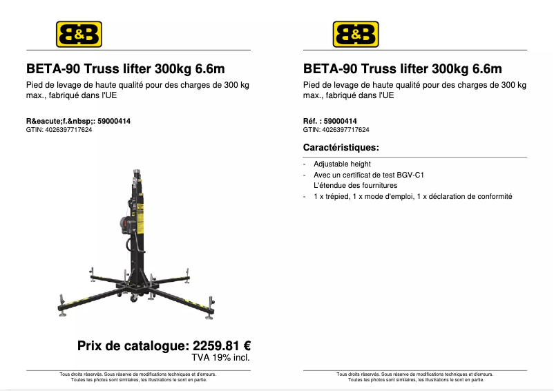 Page 1 de la notice Fiche technique Block & Block BETA-90