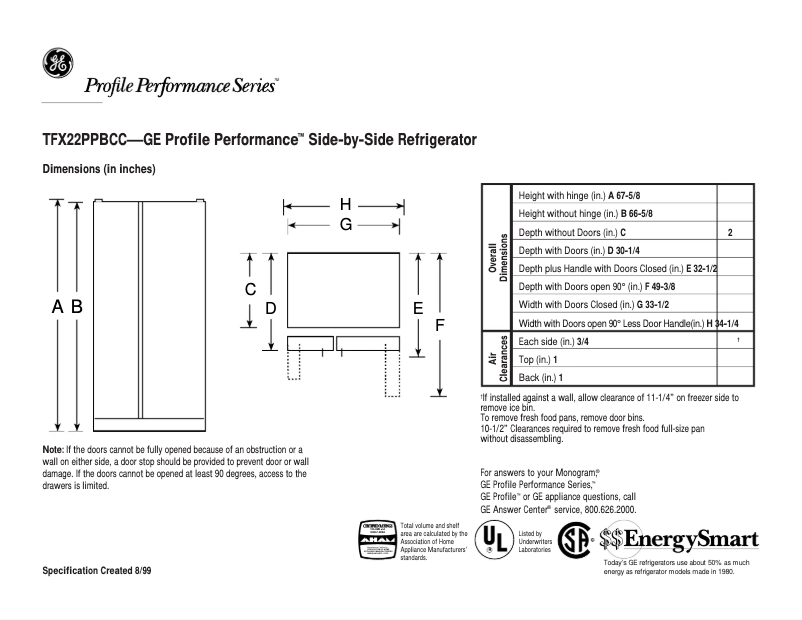 Page 1 de la notice Fiche technique GE Profile Performance TFX22PPBCC