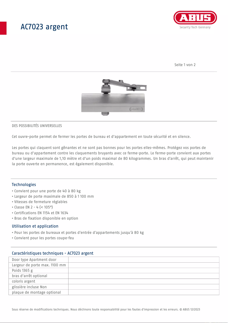 Page 1 de la notice Fiche technique Abus AC7023