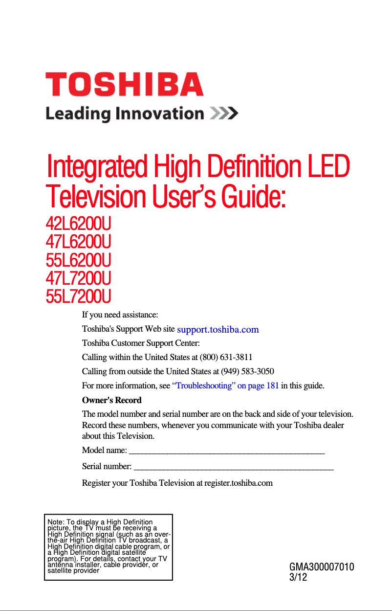Page n°1 - Manuel utilisateur Toshiba 47L7200U