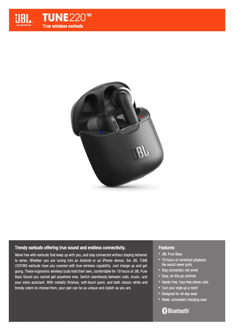 Page 1 de la notice Fiche technique JBL Tune 220TWS