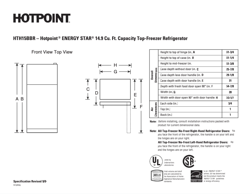 Page 1 de la notice Fiche technique Hotpoint HTH15BBRLWW