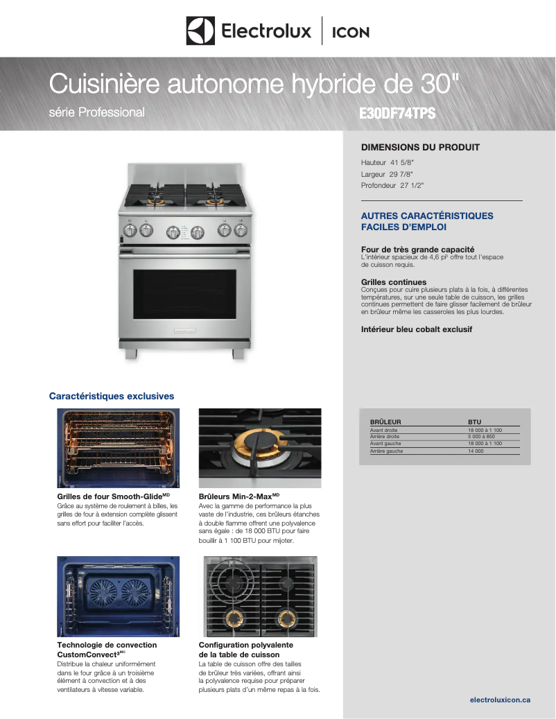 Page 1 de la notice Fiche technique Electrolux E30DF74TPS