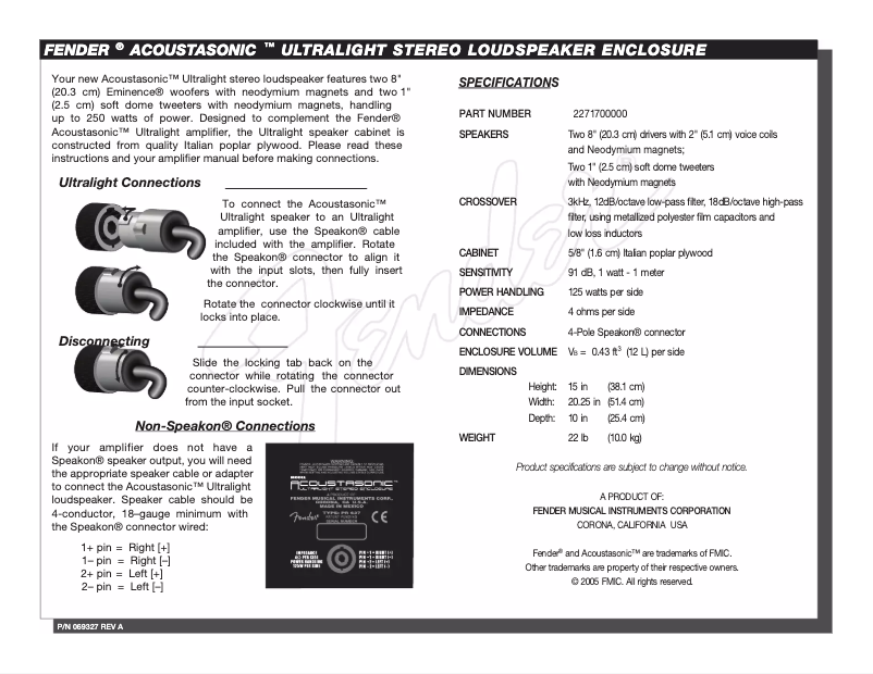 Page 1 de la notice Manuel utilisateur Fender Acoustasonic Ultralight Sterio Enclosure