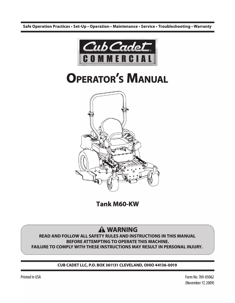 Page n°1 - Manuel utilisateur Cub Cadet Tank M72-KW