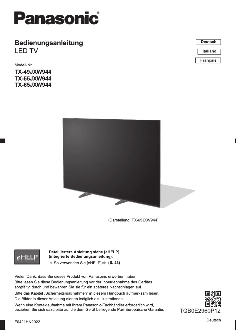 Page 1 de la notice Guide de démarrage rapide Panasonic TX-65JXW944