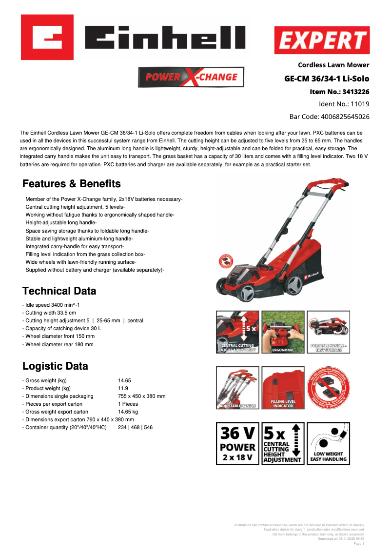 Página 1 del manual Ficha técnica Einhell GE-CM 36/34-1 Li