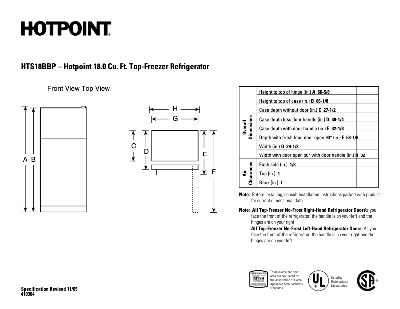 Page 1 de la notice Fiche technique Hotpoint HTS18BBPLWW