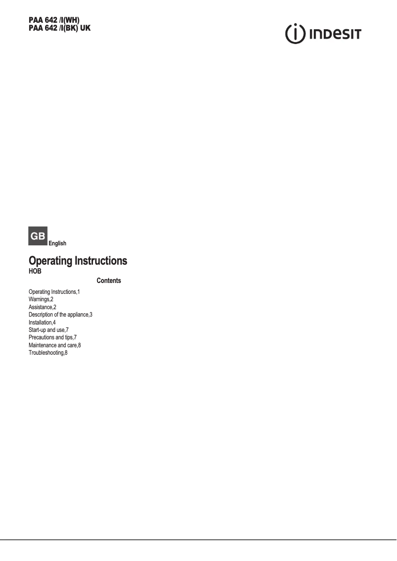 Page 1 de la notice Mode d'emploi Indesit PAA 642 /I(BK) UK