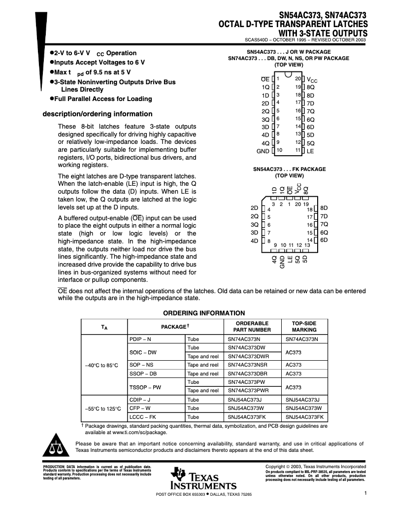 Page 1 de la notice Manuel utilisateur Texas Instruments SN74AC373PWR