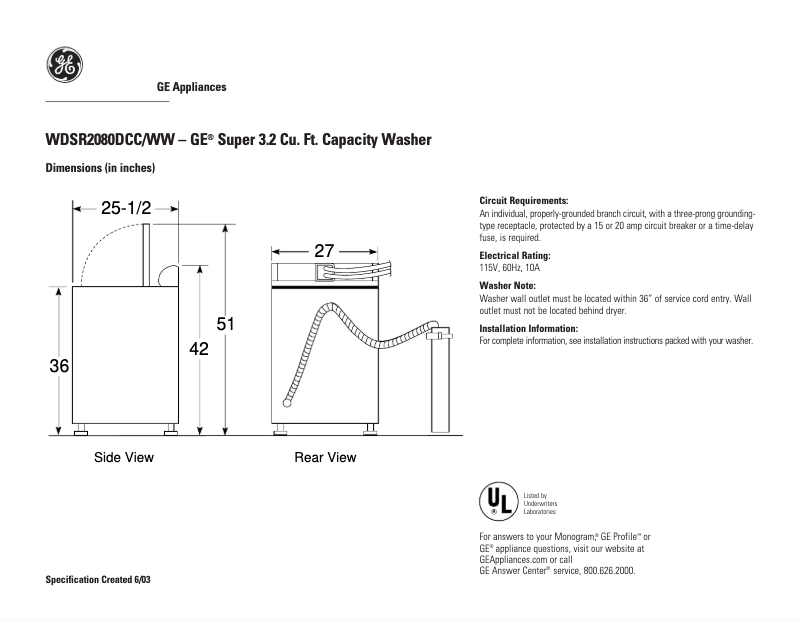 Page n°1 - Fiche technique GE WDSR2080DWW