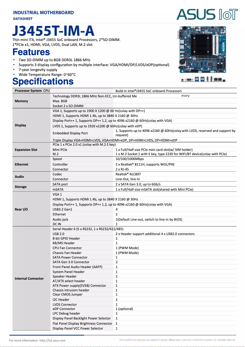 Page 1 de la notice Fiche technique Asus J3455T-IM-A